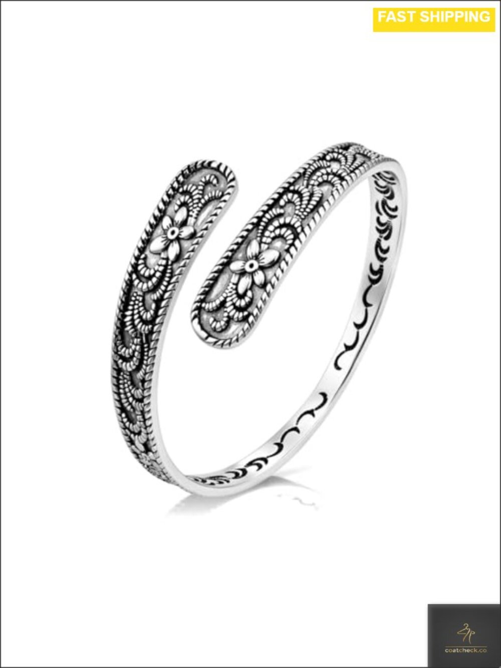 Vintage Silver Flower Cuff Bracelet Adjustable Open Bangle Retro Engraved